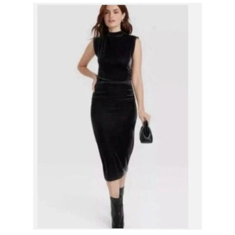 NWT A New Day Velour Velvet Side Ruched Drapery Bodycon Midi Dress Black Large L - Picture 6 of 6